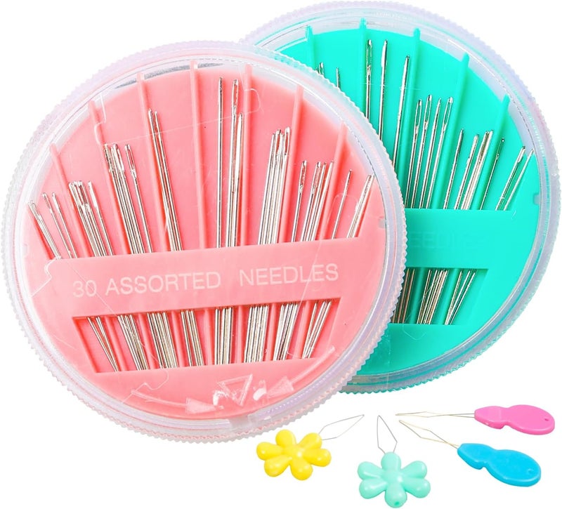 HEKISN 60-Pack Premium Hand Sewing Needles Set, 6 Sizes Embroidery Needles Kit with Threaders, Assorted Large Eye Sewing Needles for Repair, DIY, Art & Craft Projects(Green&Pink) - Image 1